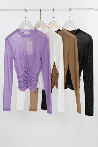 Sheer Mesh Ruched Long Sleeve Top