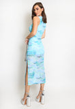 Ruched Tie Dye Print Side Slit Maxi Dress