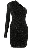 Black Embellished One Shoulder Mini Dress