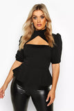 Black Choker Cut Out Puff Sleeve Top