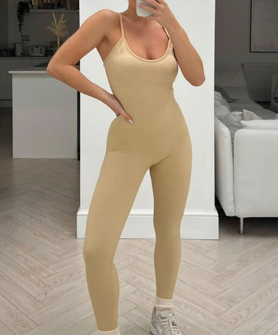 Beige Padded Ribbed Unitard