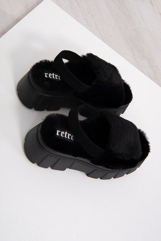 Black Fluffy Velcro Strap Chunky Platform Sandals