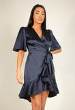 Short Sleeve Satin Wrap Dress