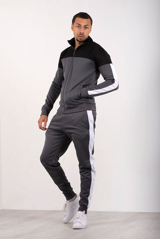 Grey With Black And White Panel Funnel Skinny Tracksuit
