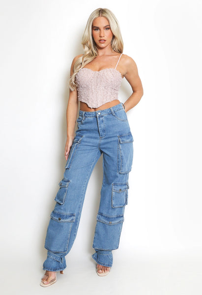 Strappy Cuff Denim Cargo Jeans