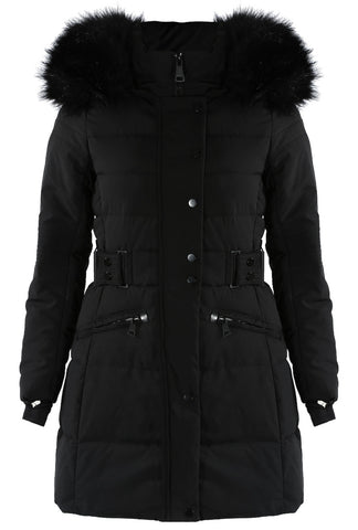 Longline Black Puffer Coat With Faux Fur