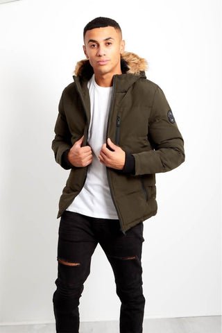Khaki Contrast Faux Fur Hood Trim Padded Jacket