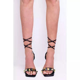 Black Stiletto Heels with Studded Strap & Lace Up Detail