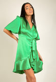 Short Sleeve Satin Wrap Dress