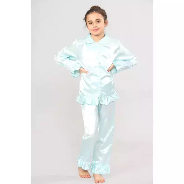 Kids Plain Satin PJ Set With Contrast PIpping