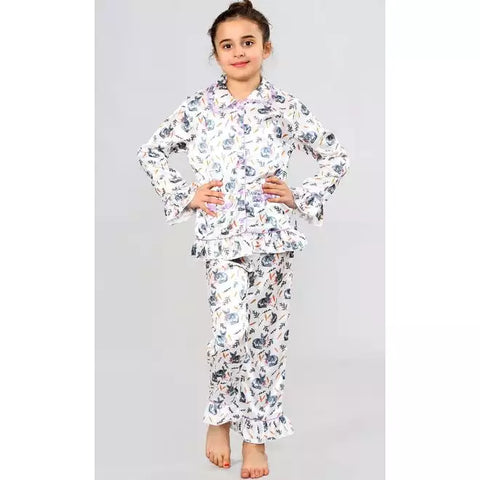 Kids Printed Satin PJ Set With Contrast Pipping