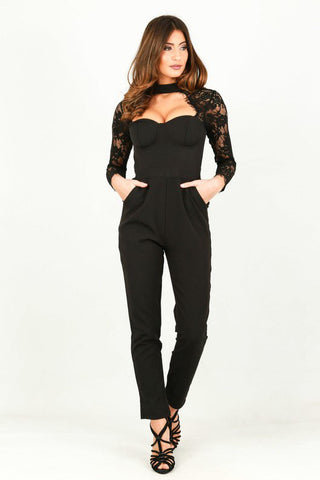 Lace Sleeved Bustier Jumpsuit In Black
