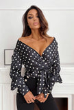 Black Polka Dot Long Sleeve Wrap Blouse