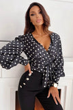 Black Polka Dot Long Sleeve Wrap Blouse