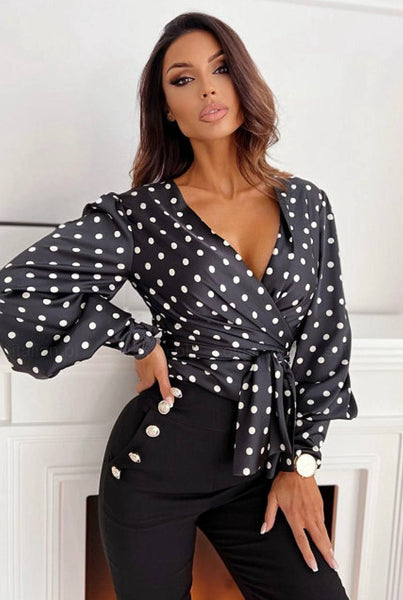 Black Polka Dot Long Sleeve Wrap Blouse