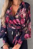 Black Floral Print Balloon Sleeve Wrap Blouse