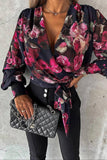 Black Floral Print Balloon Sleeve Wrap Blouse