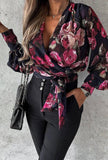 Black Floral Print Balloon Sleeve Wrap Blouse