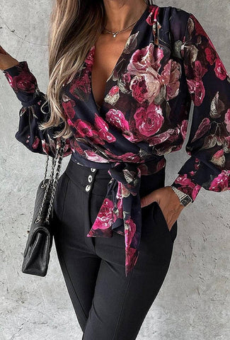 Black Floral Print Balloon Sleeve Wrap Blouse