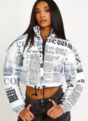 Newspaper Print Cropped Puffer Coat