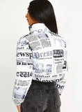 Newspaper Print Cropped Puffer Coat