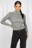 Grey Pearl Trim High Neck Knitted Jumper