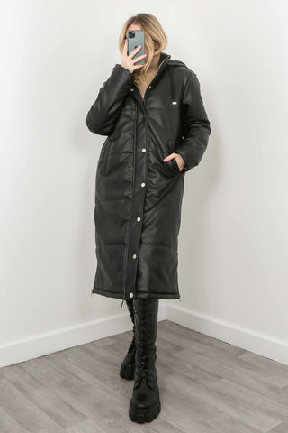 Black Faux Leather Quilted Coat